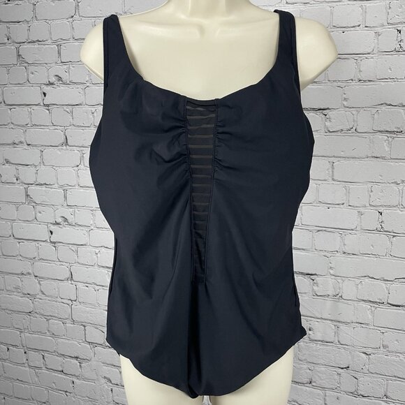 Amoressa Black Padded Bra Gold Accent Mesh Cut Out One Piece Swimsuit Size 16W - Picture 1 of 11